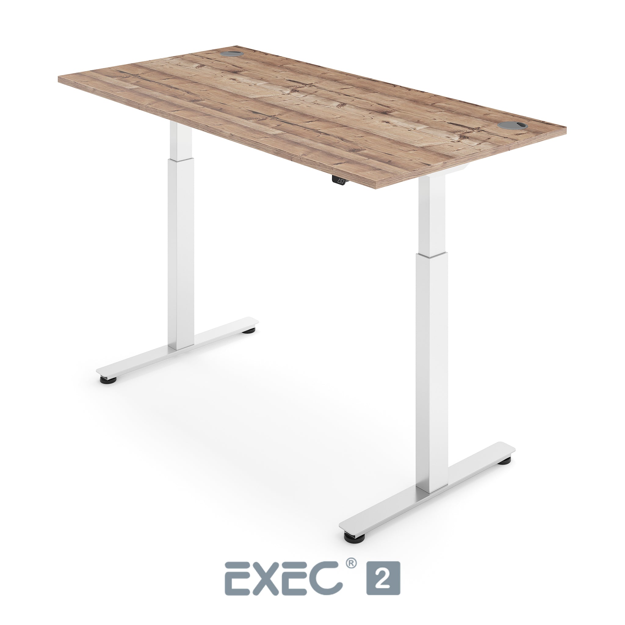 timber height adjustable desk with white frame