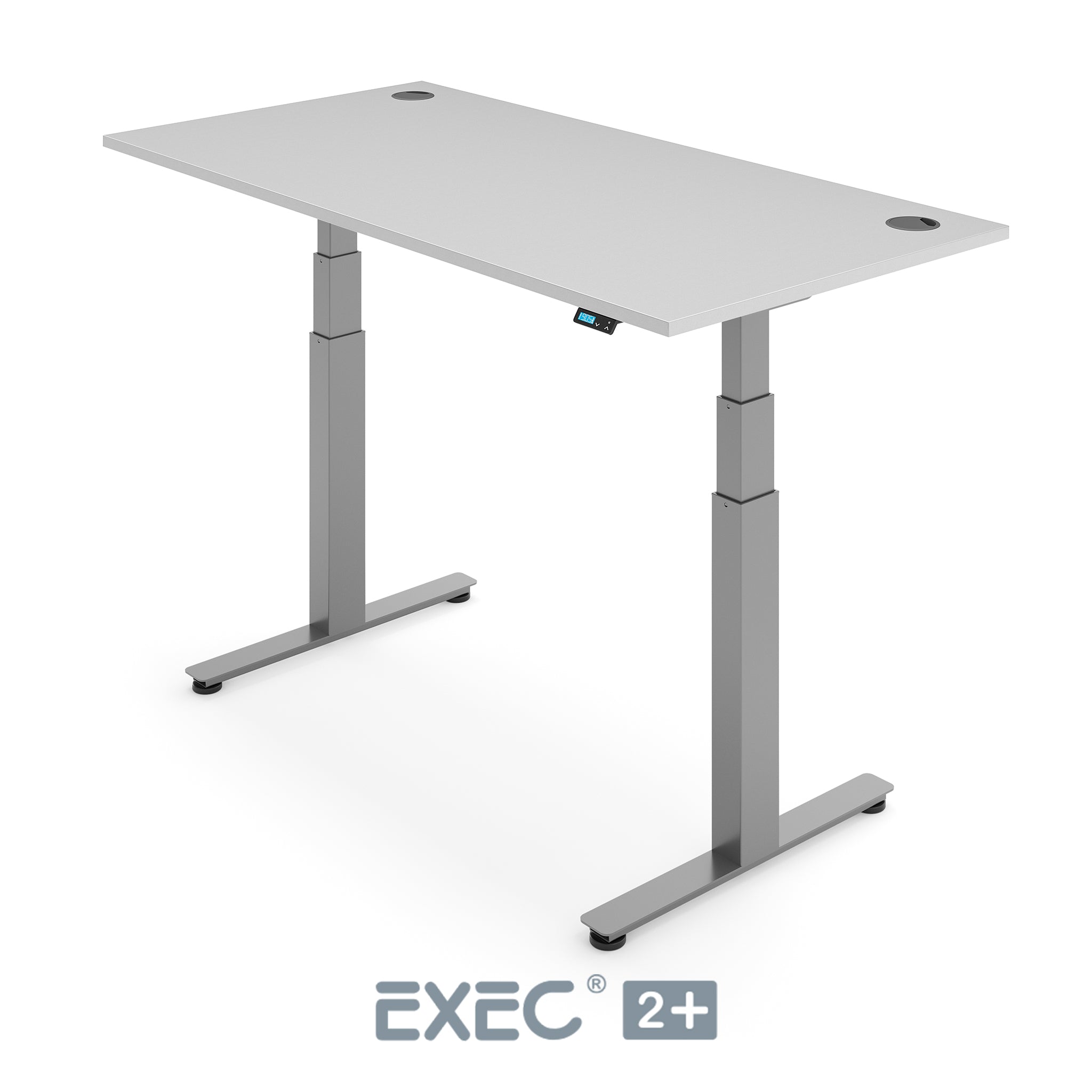 light grey height adjustable desk with silver frame