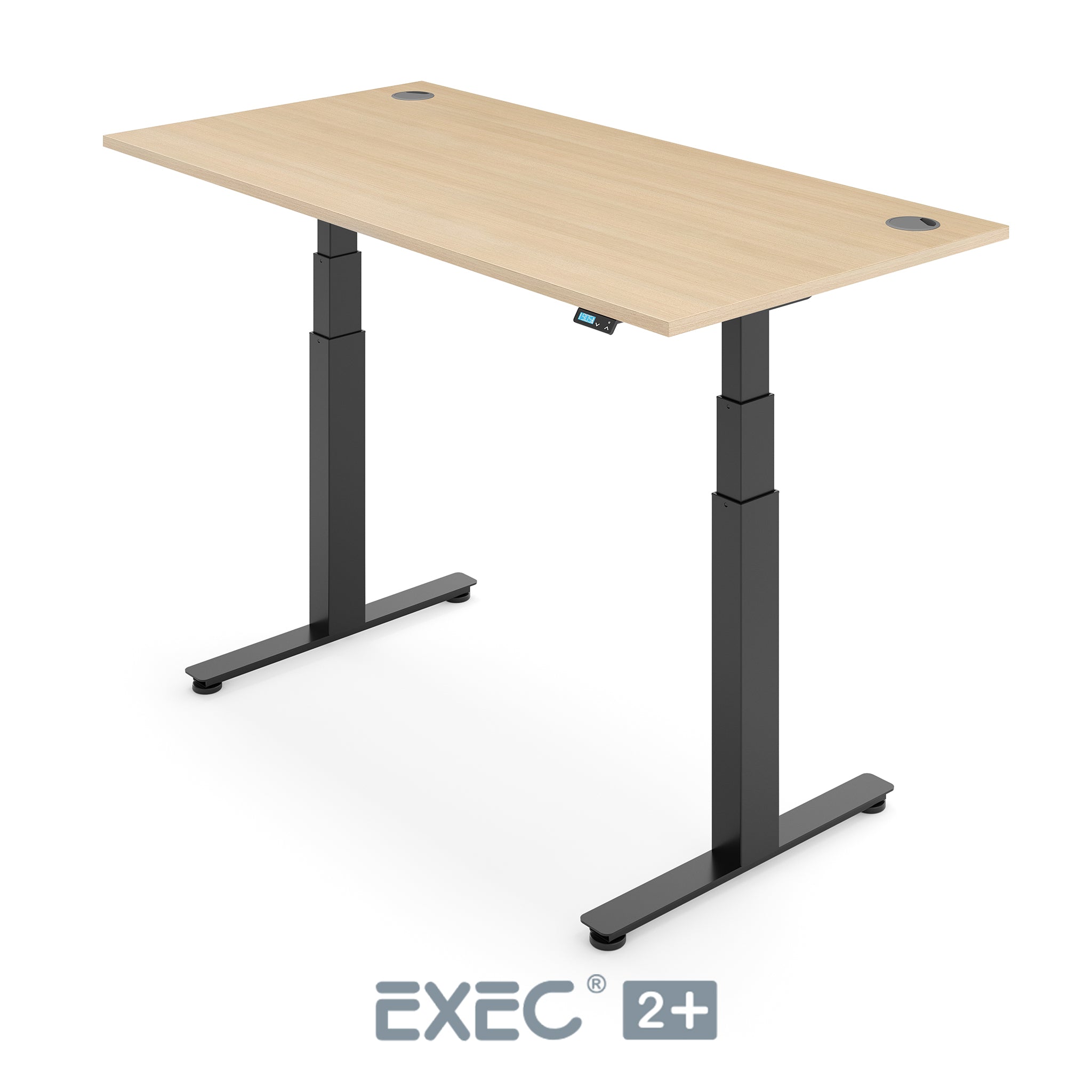 oak height adjustable desk with black frame