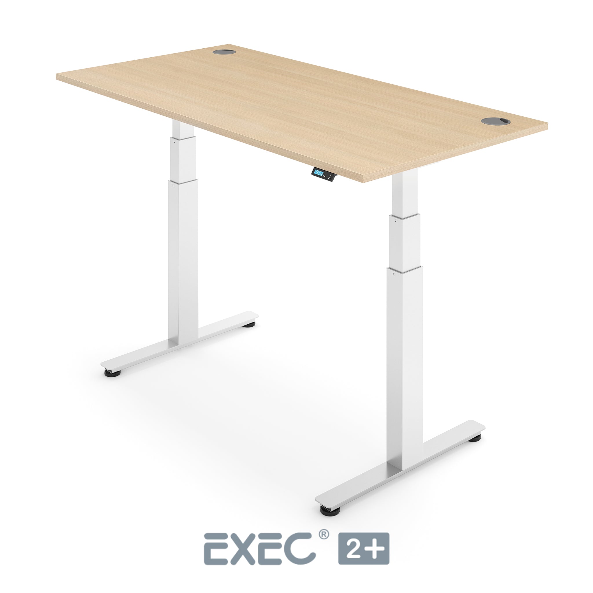 oak height adjustable desk with white frame