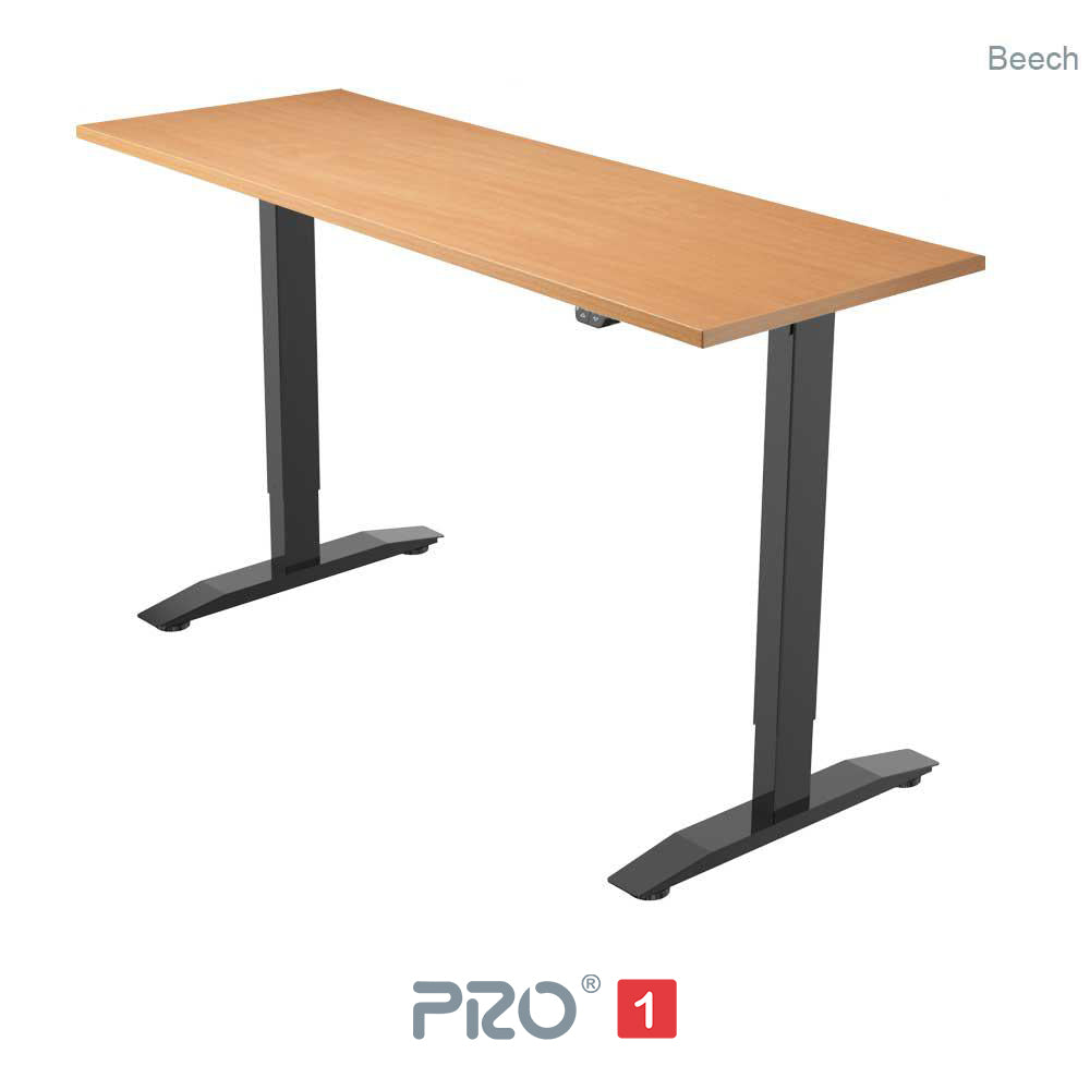 beech height adjustable desk with black frame
