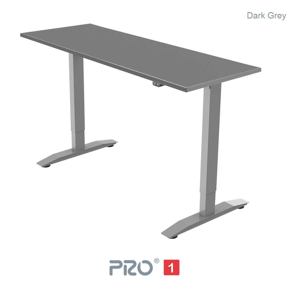 dark grey height adjustable desk with silver frame