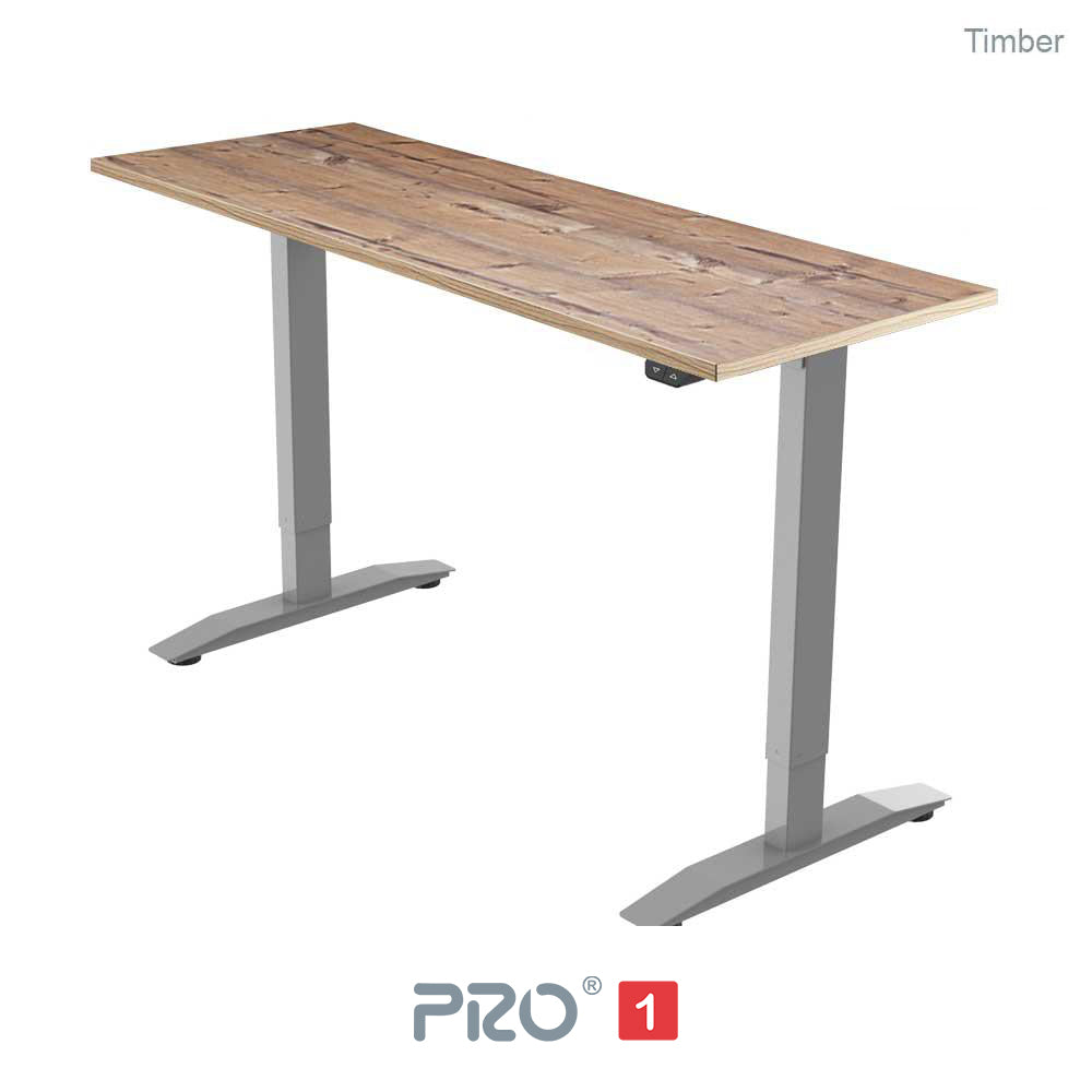 timber height adjustable desk with silver frame