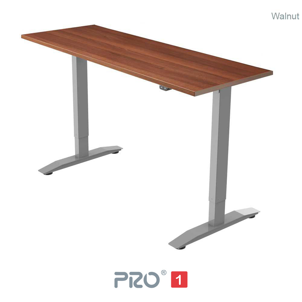 walnut height adjustable desk with silver frame