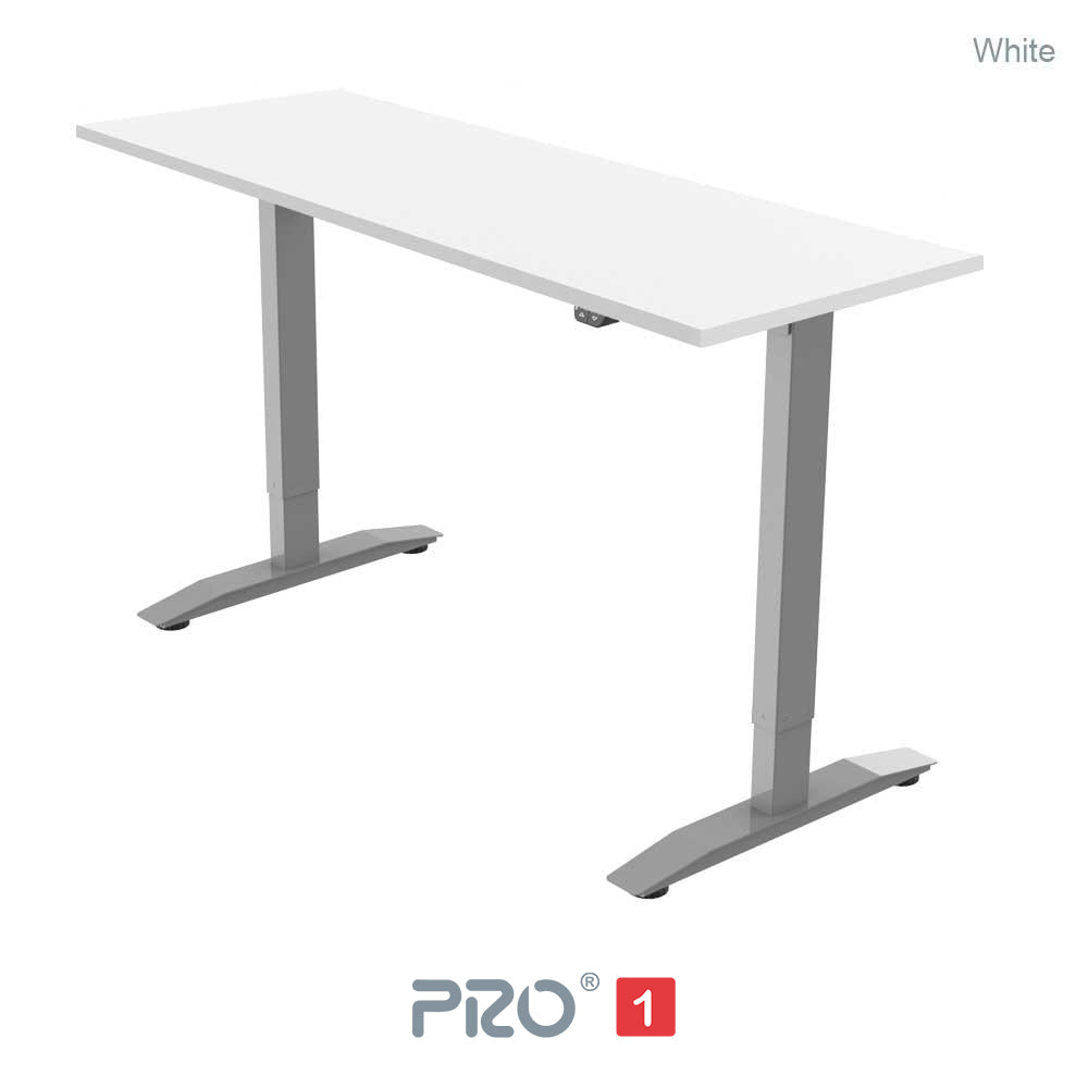 white height adjustable desk with silver frame