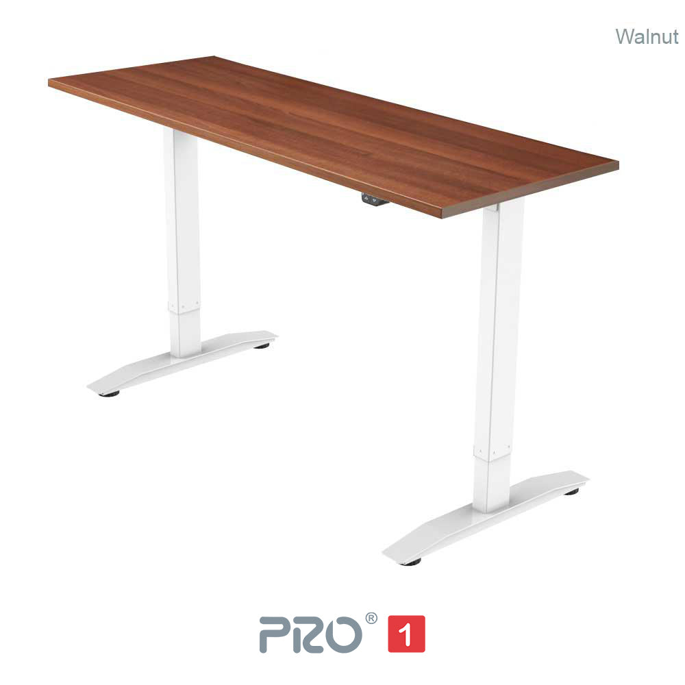 walnut height adjustable desk with white frame