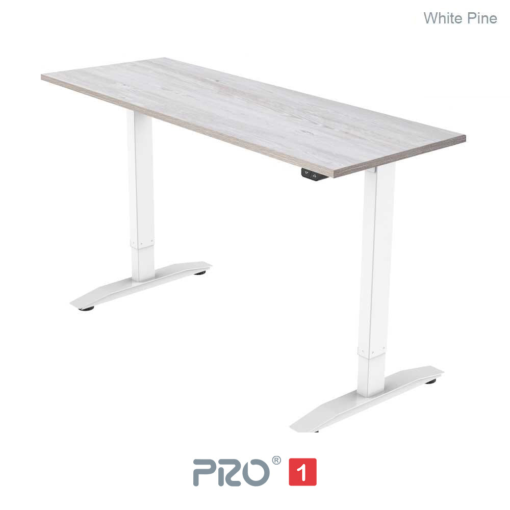 white pine height adjustable desk with white frame