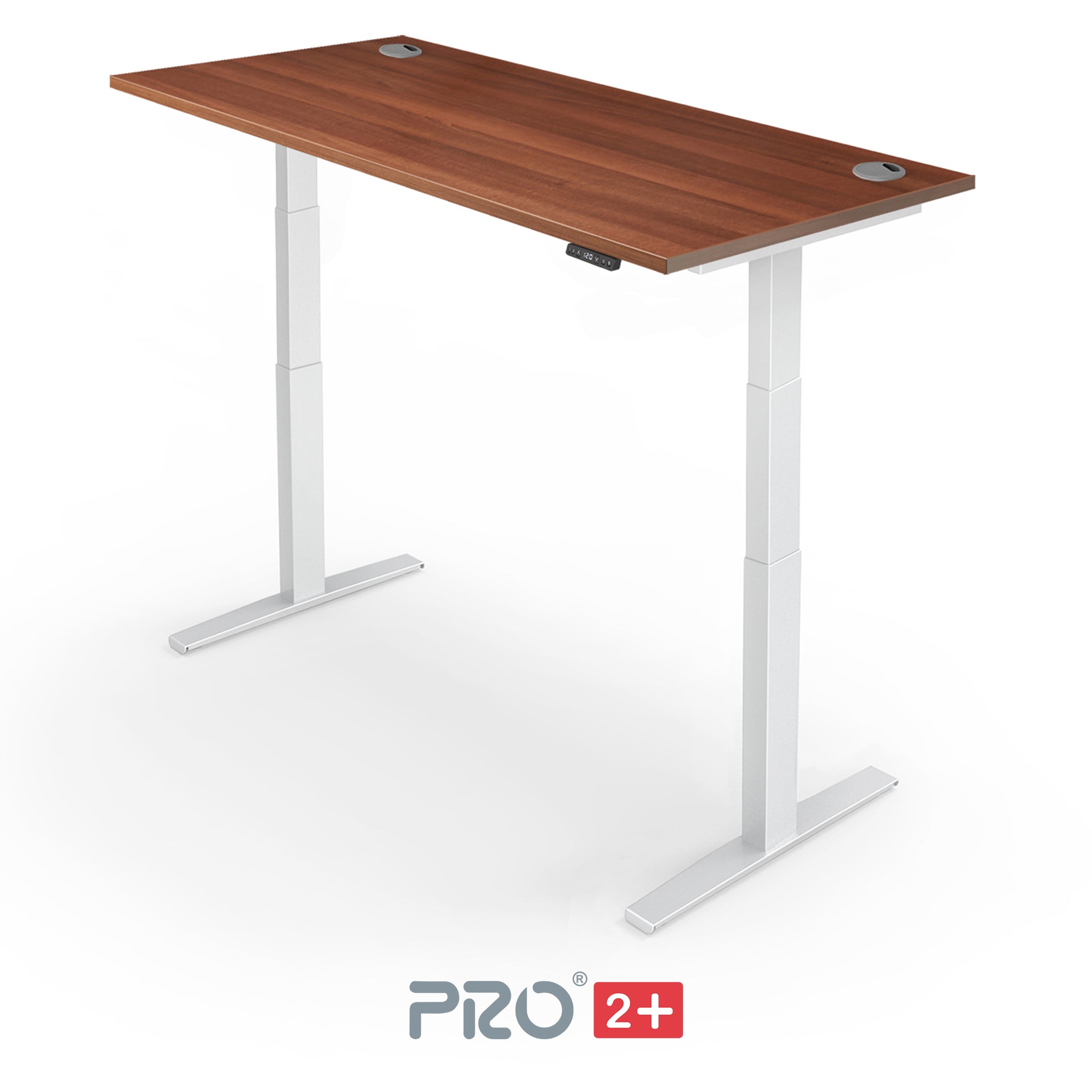 walnut height adjustable desk with white frame
